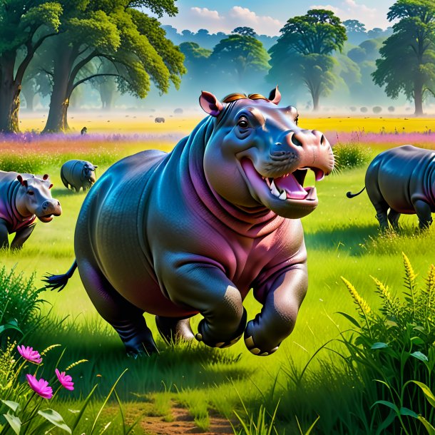 Image d'une danse d'un hippopotame dans la prairie