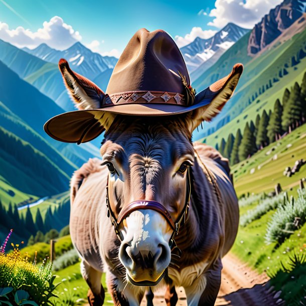 Foto de un burro en un sombrero en las montañas