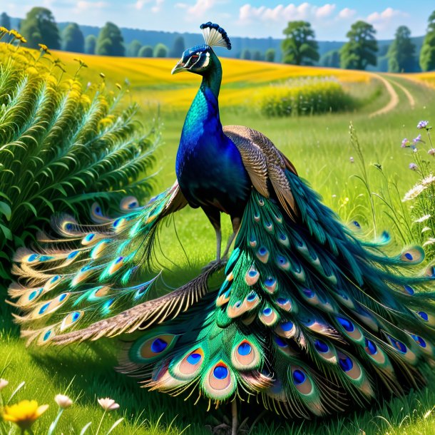 Pic of a peacock in a dress in the meadow