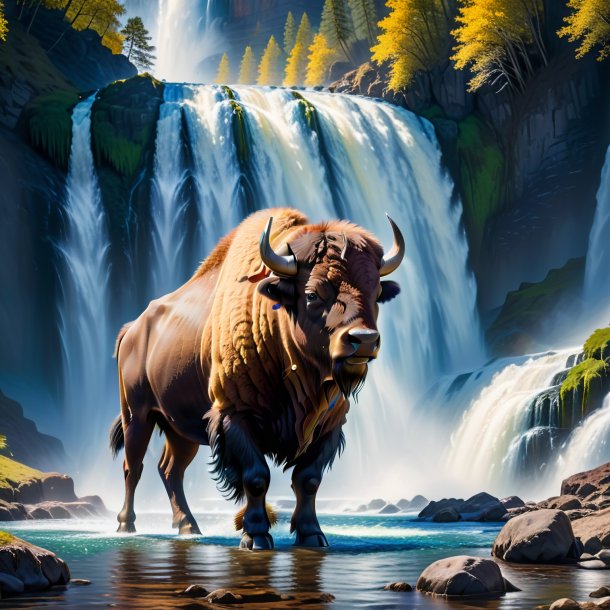 Imagem de um bisonte em um vestido na cachoeira