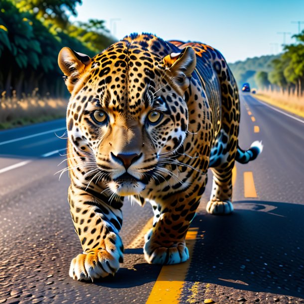 Photo d'un repas d'un jaguar sur la route