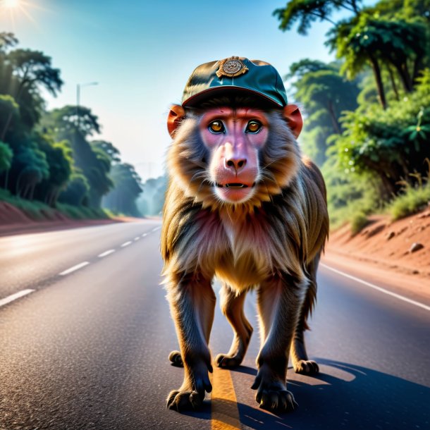 Photo of a baboon in a cap on the road