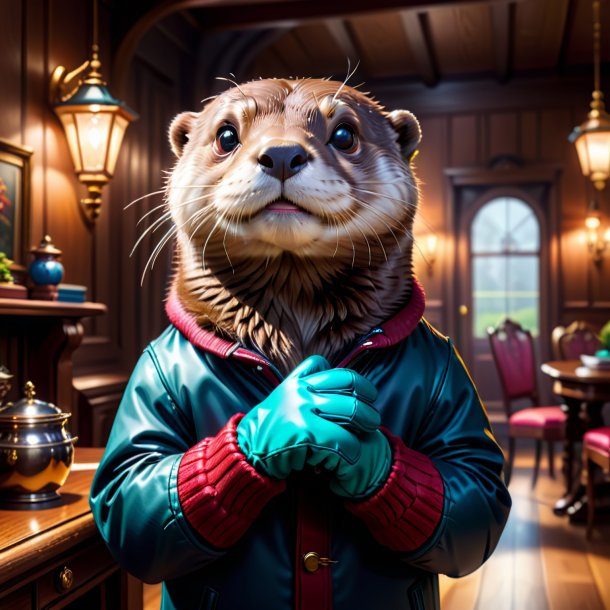 Illustration of a otter in a gloves in the house