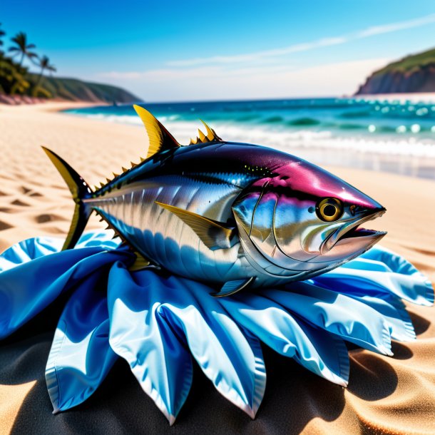 Pic of a tuna in a gloves on the beach