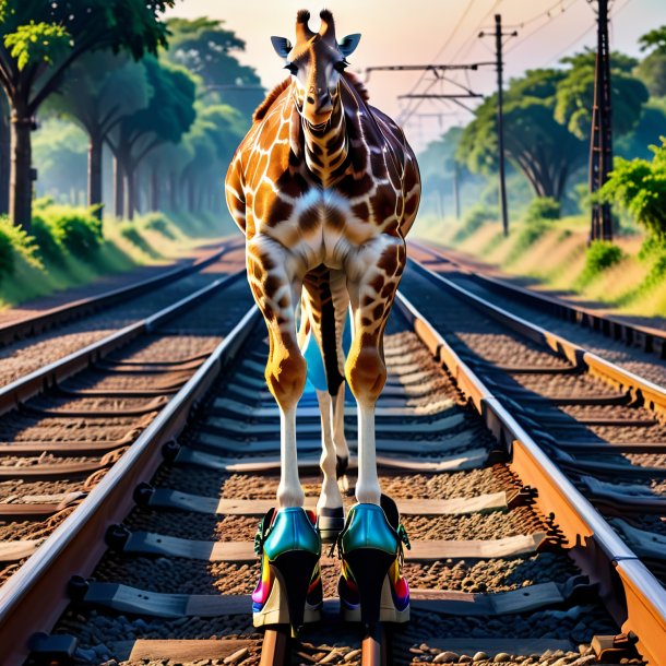 Foto de una jirafa en los zapatos en las vías del tren