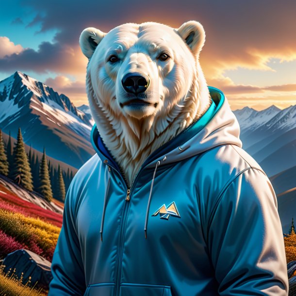 Picture of a polar bear in a hoodie in the mountains