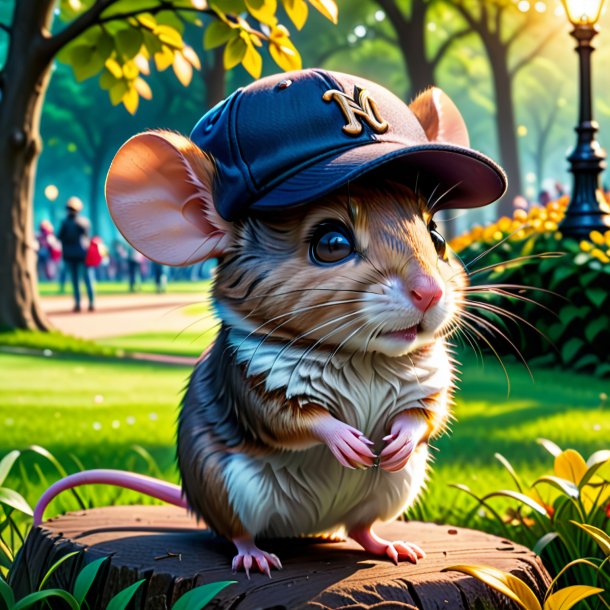 Foto de un ratón en un gorro en el parque