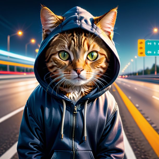 Picture of a cat in a hoodie on the highway