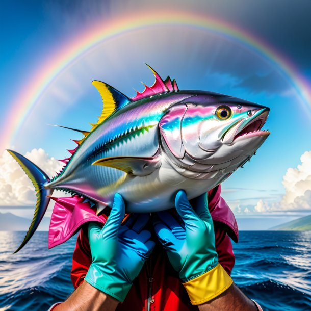 Photo of a tuna in a gloves on the rainbow