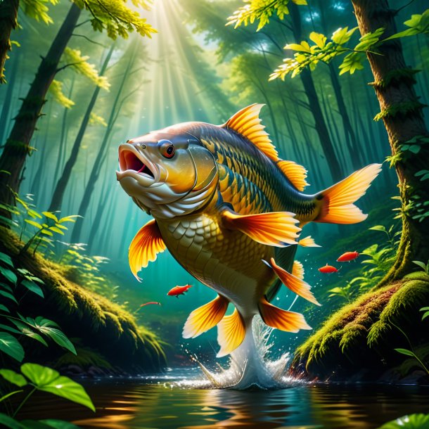 Photo of a jumping of a carp in the forest