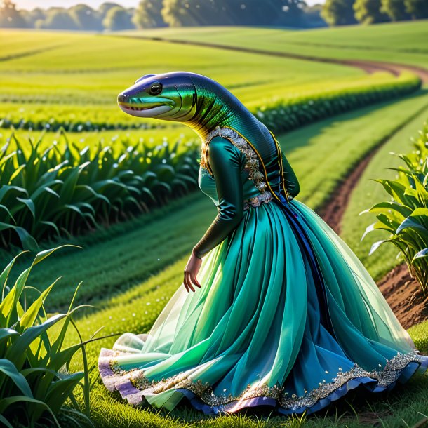 Imagem de uma enguia em um vestido no campo