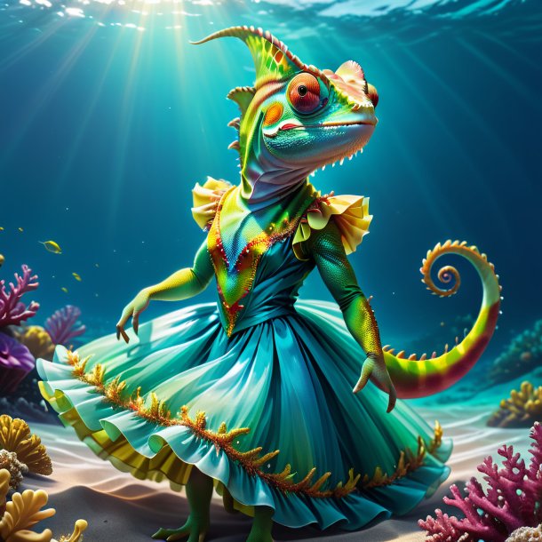 Illustration of a chameleon in a dress in the sea