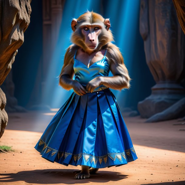 Photo of a baboon in a blue skirt