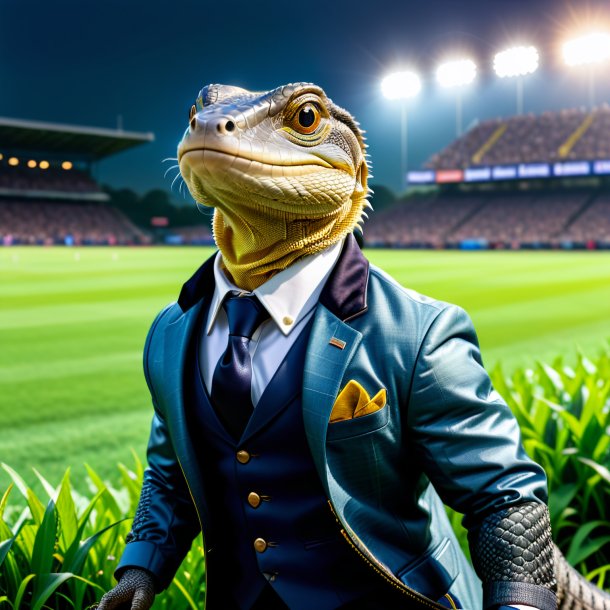 Image of a monitor lizard in a jacket on the field