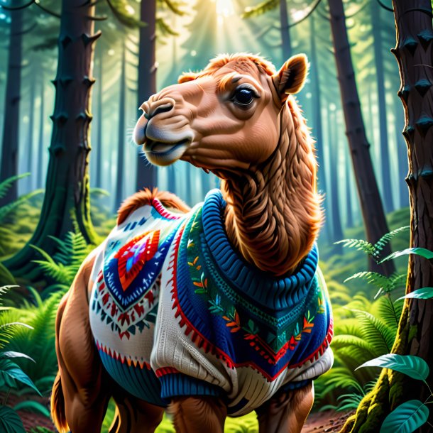 Illustration of a camel in a sweater in the forest