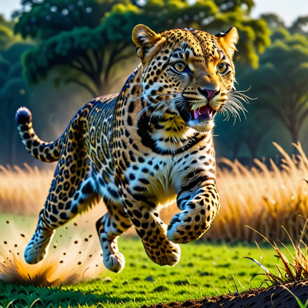 Imagem de um salto de um leopardo no campo