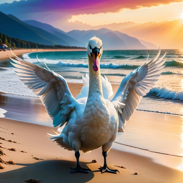 Photo d'une menace d'un cygne sur la plage