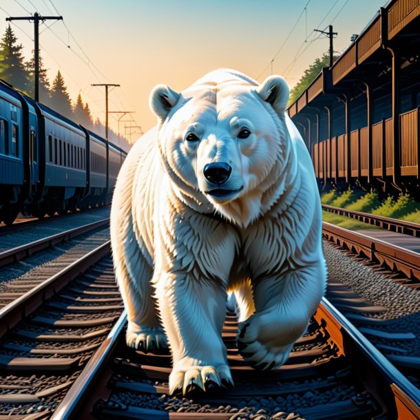 Ilustração de um urso polar em um jeans nos trilhos ferroviários