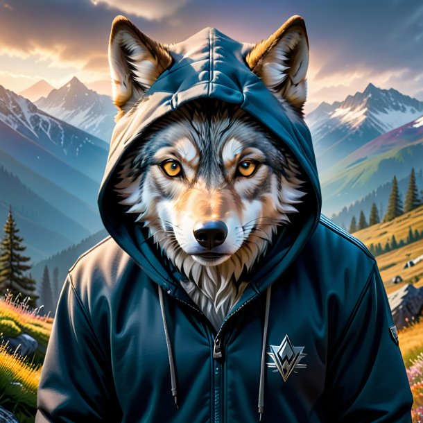 Photo of a wolf in a hoodie in the mountains