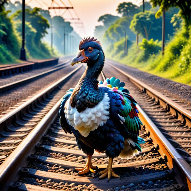 Foto de un dodo en un vestido en las vías del tren