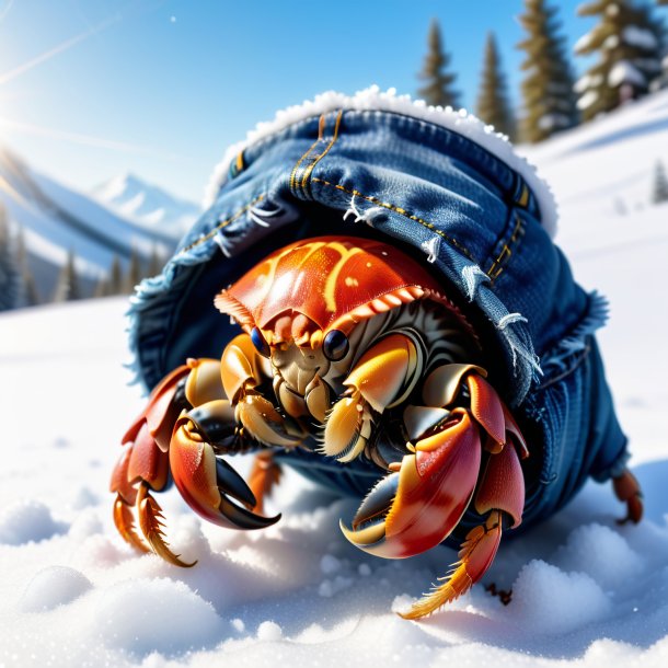 Dessin d'un crabe ermite dans un jean dans la neige