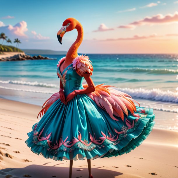 Picture of a flamingo in a dress on the beach