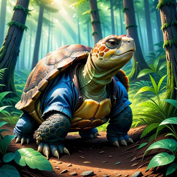 Ilustración de una tortuga en un vaquero en el bosque