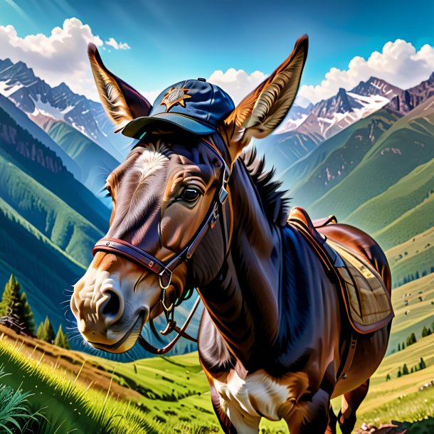 Image of a mule in a cap in the mountains
