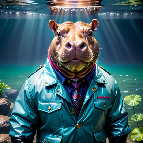 Picture of a hippopotamus in a jacket in the water