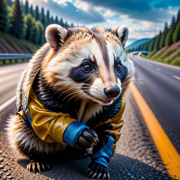 Photo of a badger in a gloves on the highway