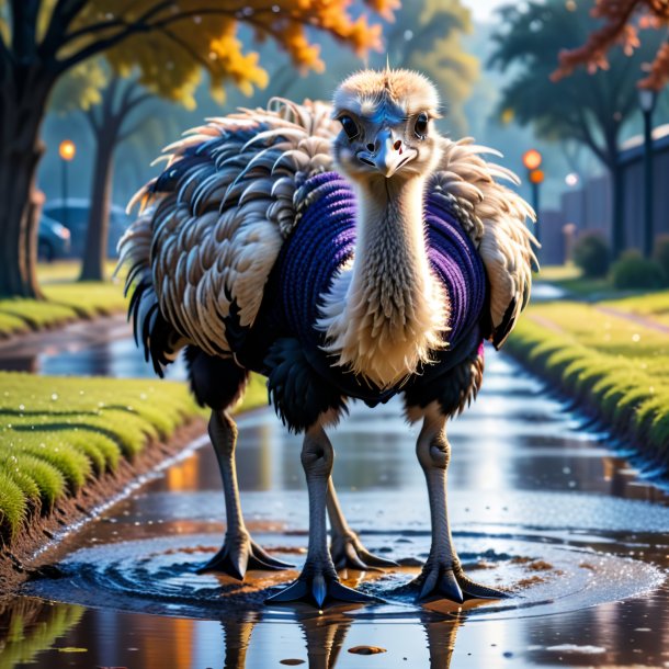 Pic of a ostrich in a sweater in the puddle