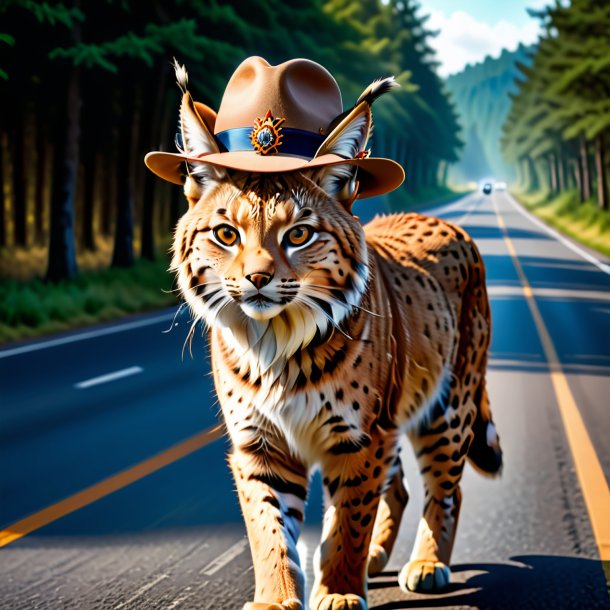 Picture of a lynx in a hat on the road