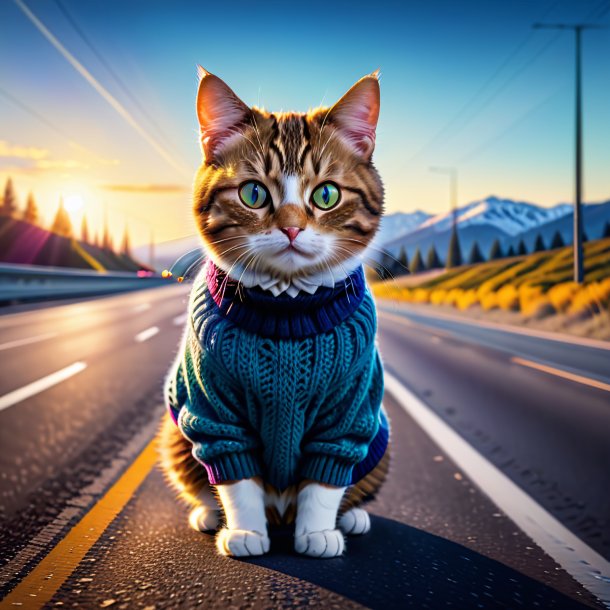 Image of a cat in a sweater on the highway