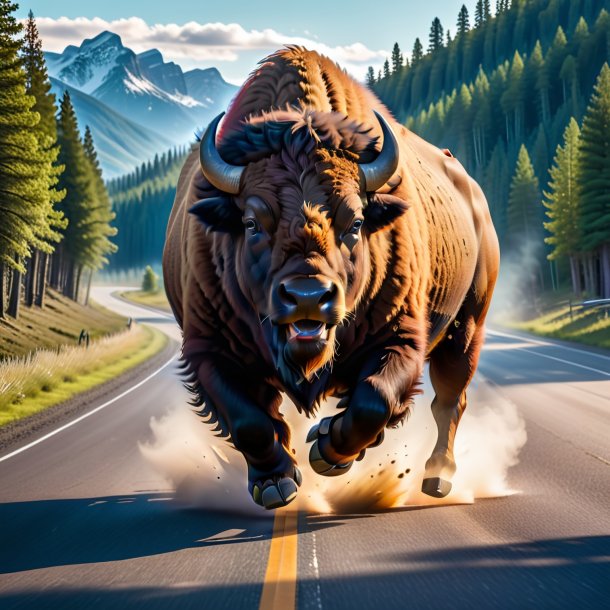 Picture of a jumping of a bison on the road