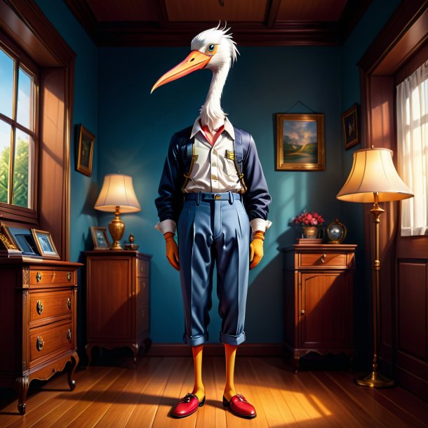 Illustration of a stork in a trousers in the house