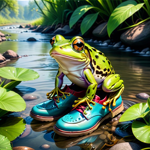 Imagen de una rana en un zapato en el río