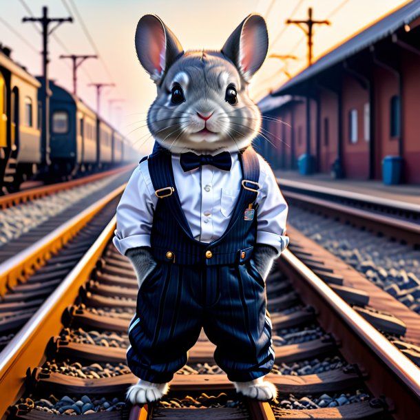 Foto de una chinchillas en un pantalón en las vías del tren