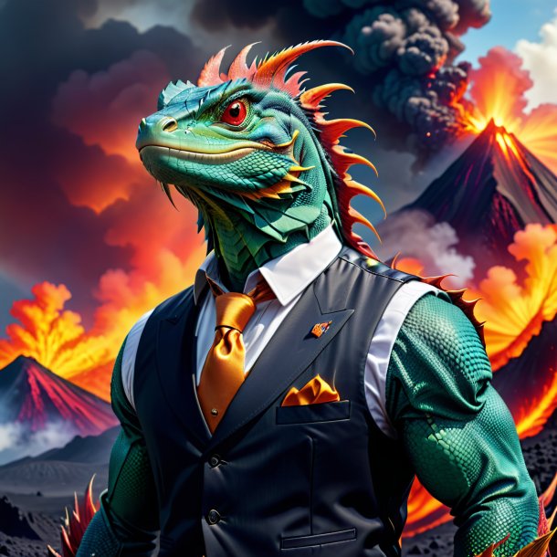 Image of a basilisk in a vest in the volcano