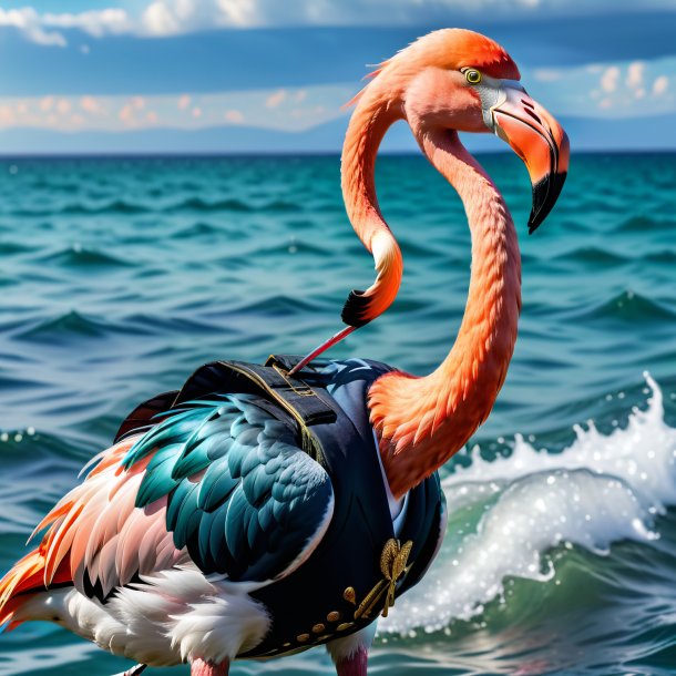 Imagem de um flamingo em um colete no mar