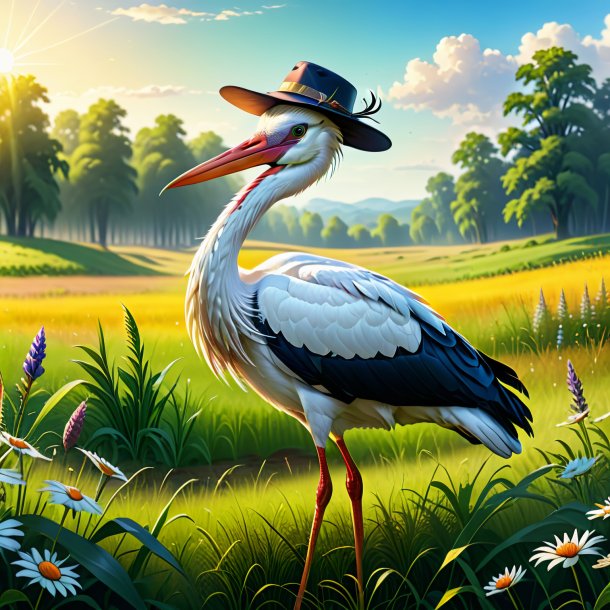 Illustration d'une cigogne dans un chapeau dans la prairie