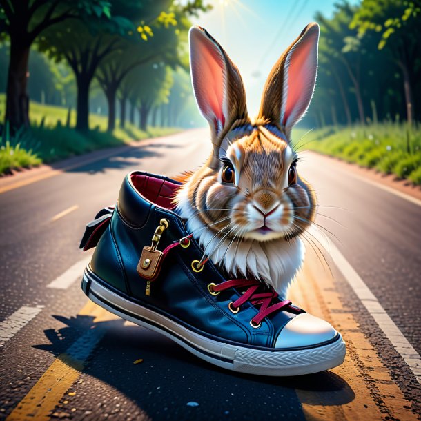 Image of a rabbit in a shoes on the road