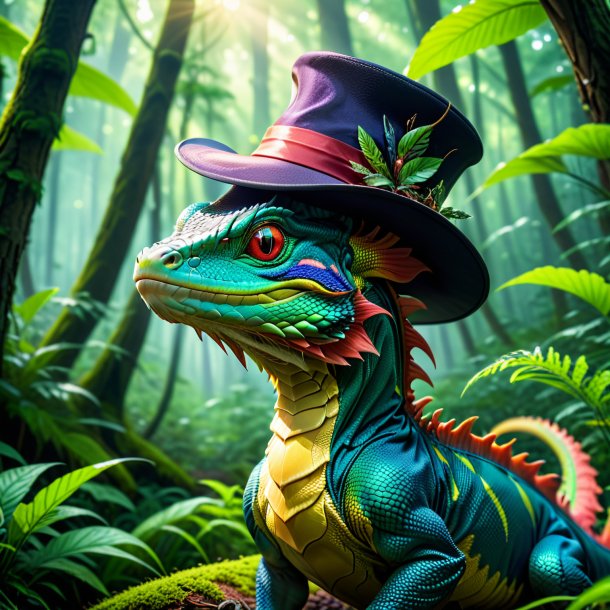 Pic of a basilisk in a hat in the forest