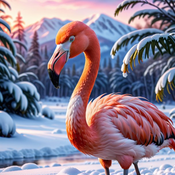 Um sorriso de um flamingo na neve