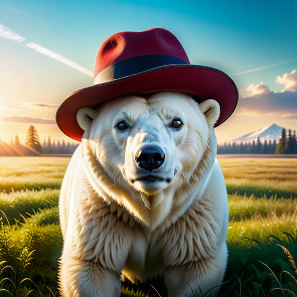 Foto de un oso polar en un sombrero en el campo