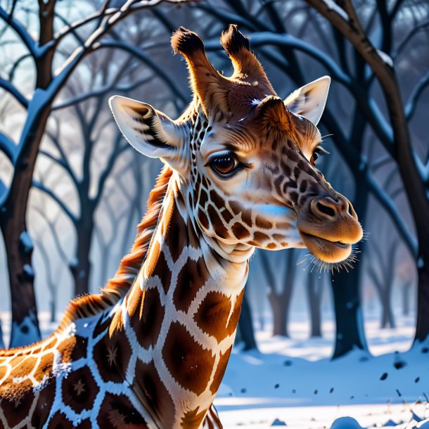 Foto de um choro de uma girafa na neve