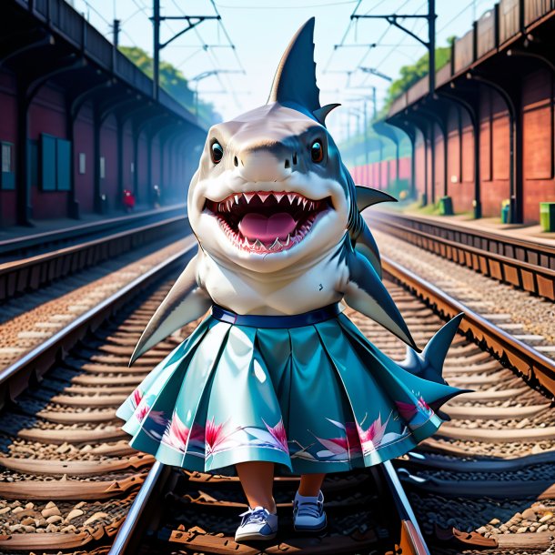 Illustration of a shark in a skirt on the railway tracks