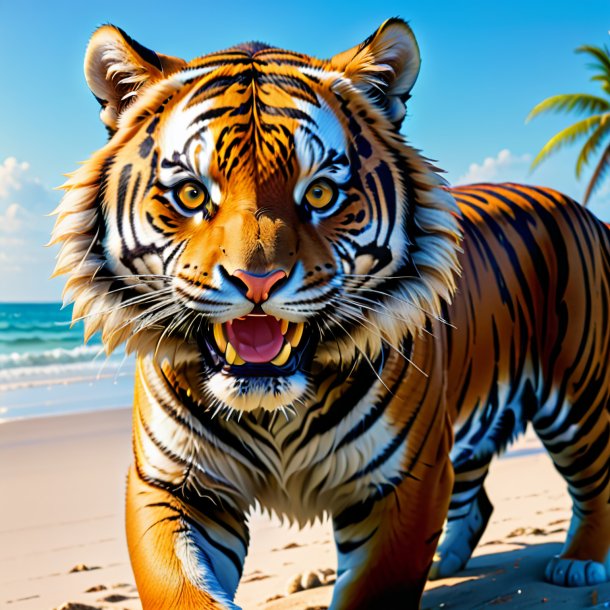 Image of a smiling of a tiger on the beach