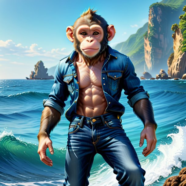 Drawing of a monkey in a jeans in the sea