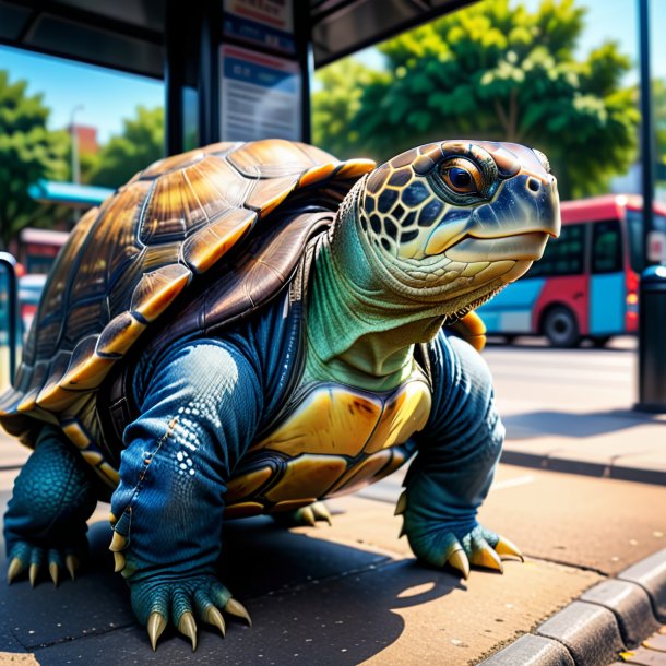 Foto de una tortuga en jeans en la parada de autobús