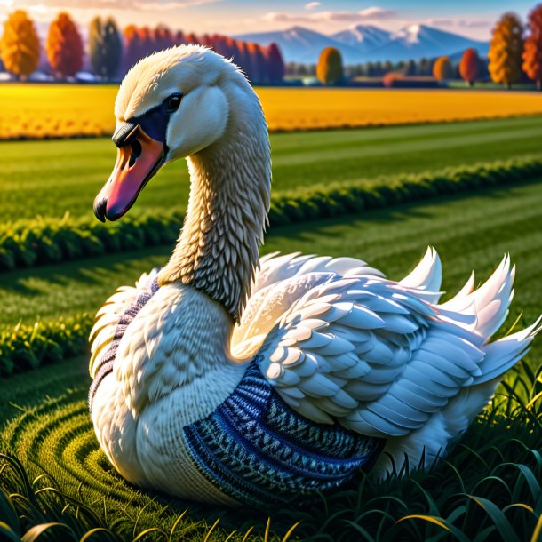 Foto de un cisne en un suéter en el campo